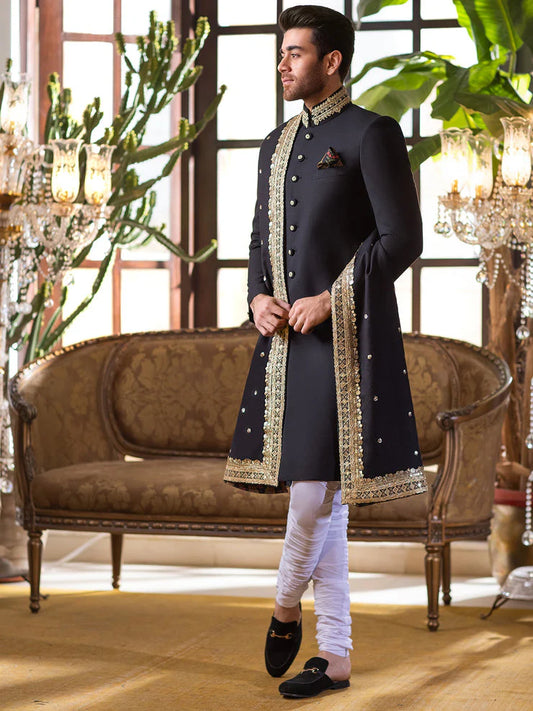 Black Sherwani with Hand Embroidery
