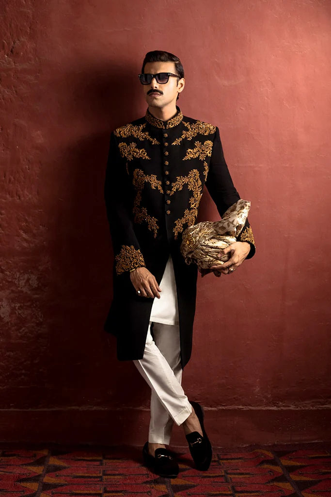 Black Sherwani with Hand Embroidery