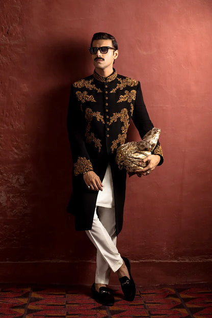 Black Sherwani with Hand Embroidery