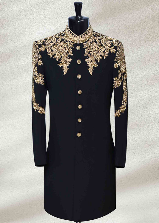 Black Sherwani with Heavy Gold Embroidered