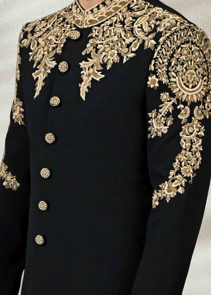 Black Sherwani with Heavy Gold Embroidered