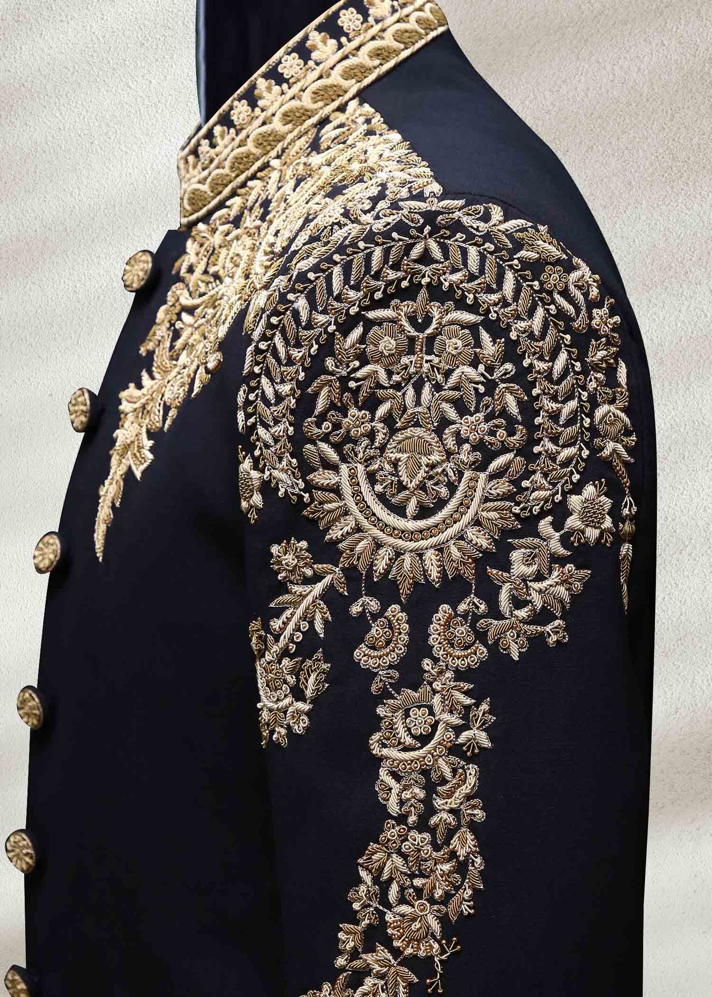 Black Sherwani with Heavy Gold Embroidered