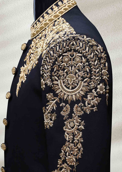 Black Sherwani with Heavy Gold Embroidered
