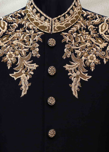 Black Sherwani with Heavy Gold Embroidered