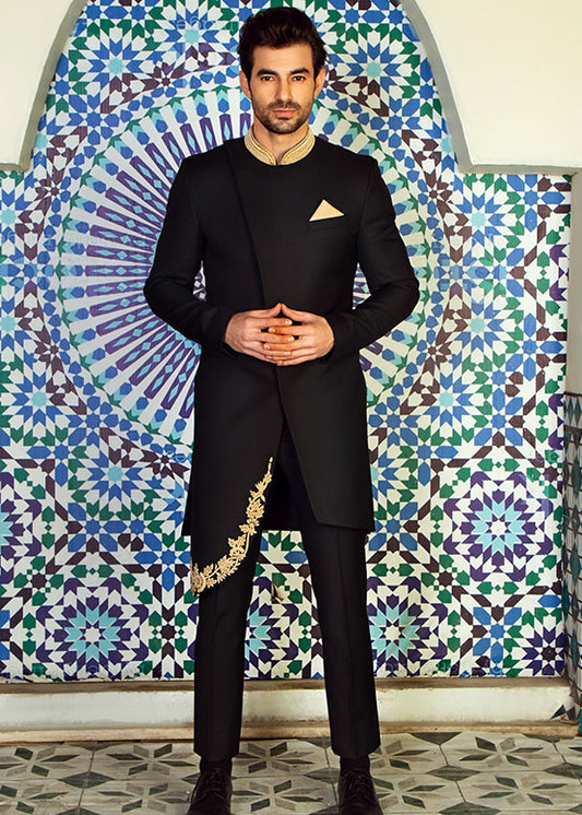 Black Side Cut Sherwani with Collar Embroidered