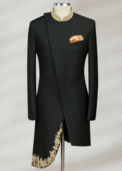 Black Side Cut Sherwani with Collar Embroidered