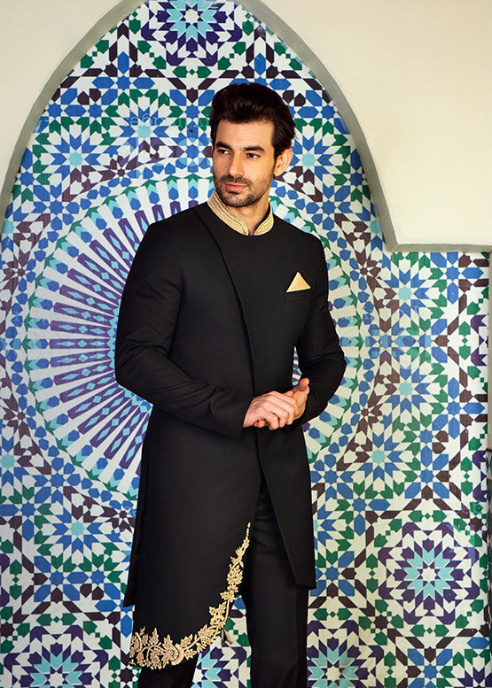 Black Side Cut Sherwani with Collar Embroidered