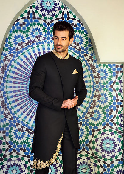 Black Side Cut Sherwani with Collar Embroidered