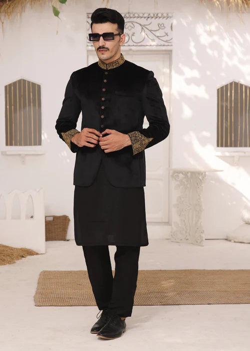 Black Velvet Bandhgala with Collar and Sleeve Embroidered