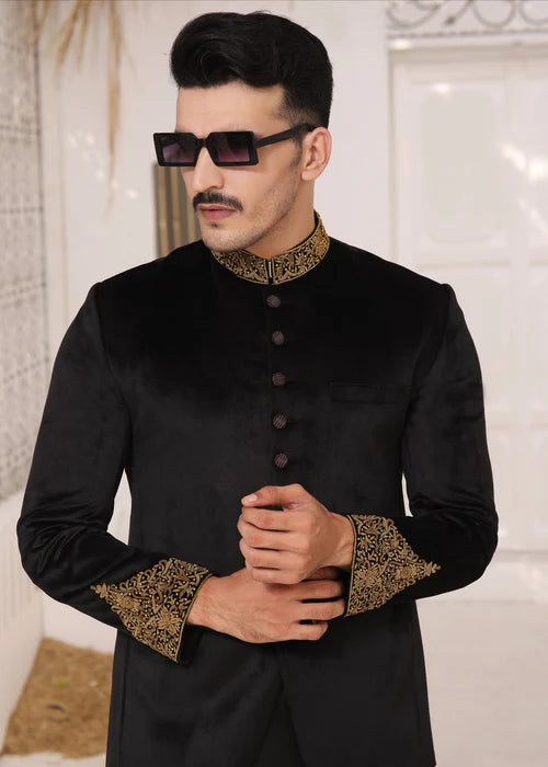 Black Velvet Bandhgala with Collar and Sleeve Embroidered