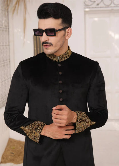 Black Velvet Bandhgala with Collar and Sleeve Embroidered