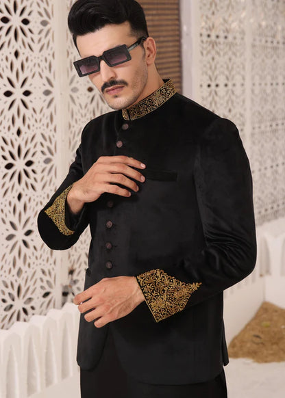 Black Velvet Bandhgala with Collar and Sleeve Embroidered