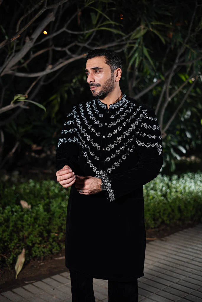 Black Velvet Kurta with Silver Embroidery