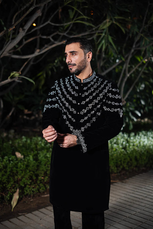 Black Velvet Kurta with Silver Embroidery
