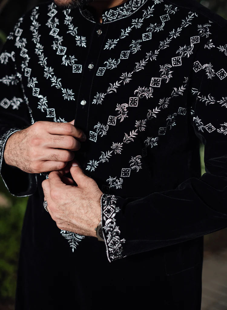 Black Velvet Kurta with Silver Embroidery