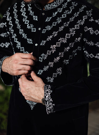 Black Velvet Kurta with Silver Embroidery