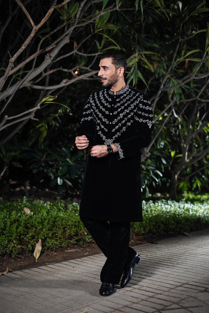 Black Velvet Kurta with Silver Embroidery