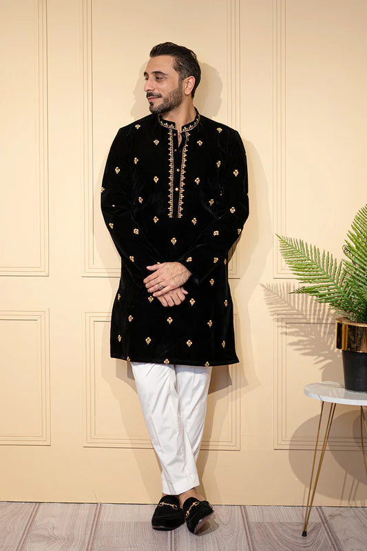 Black Velvet All Over Embroidered Kurta
