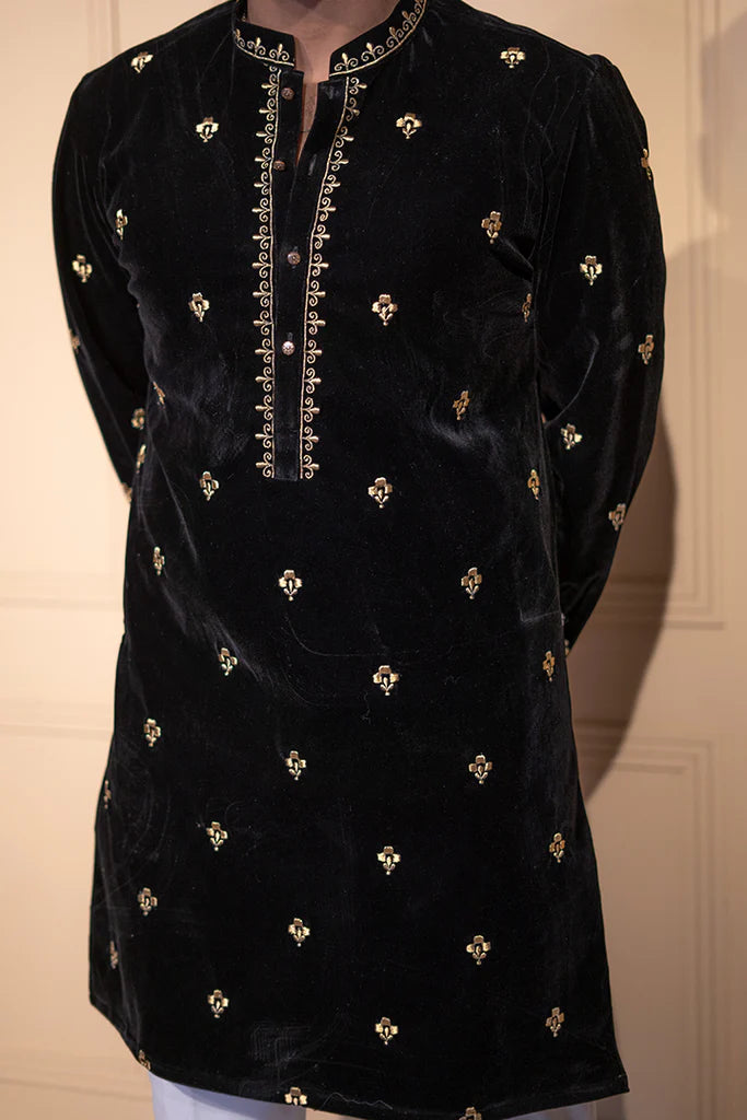 Black Velvet All Over Embroidered Kurta