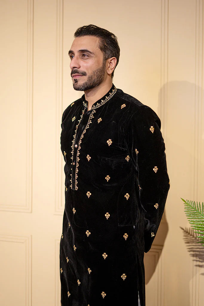 Black Velvet All Over Embroidered Kurta