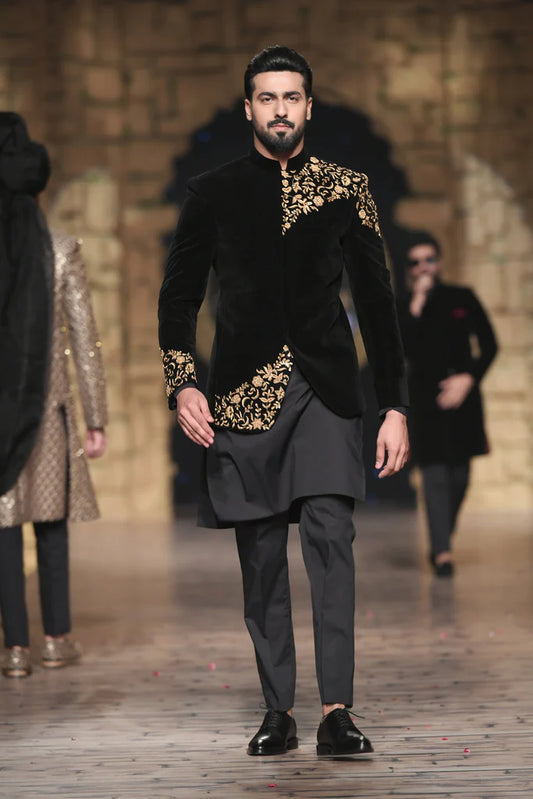 Black Velvet Bandhgala with Gold Embroidery