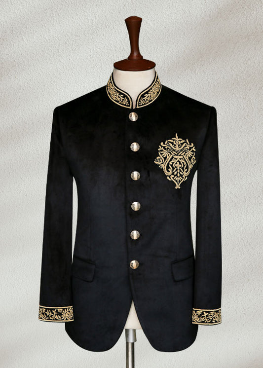 Black Velvet Bandhgala with Hand Embroidery