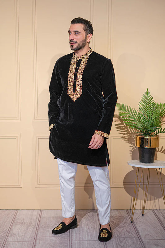 Black Velvet Kurta with Collar Embroidered