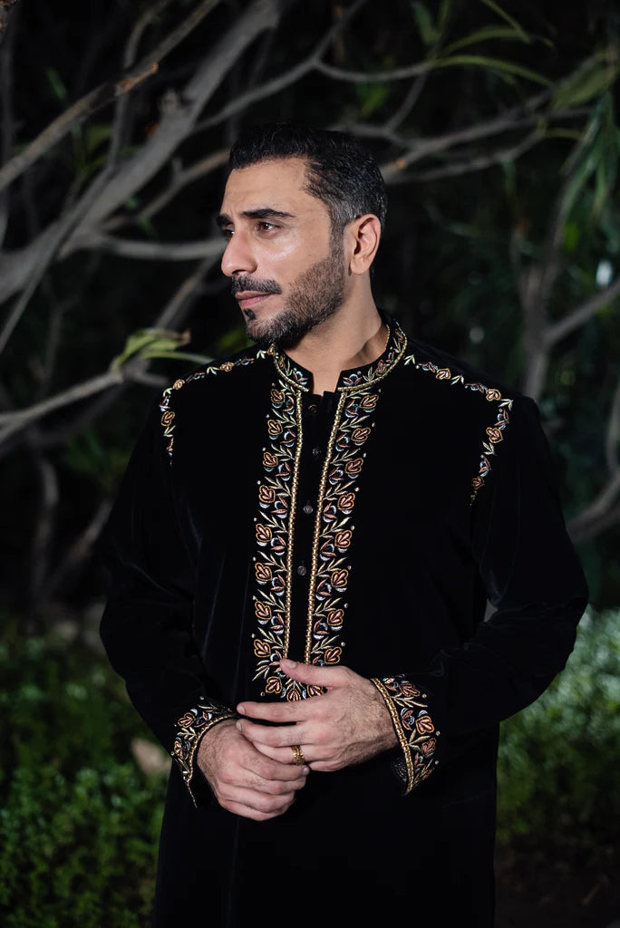 Black Velvet Kurta with Collar and Sleeve Embroidered