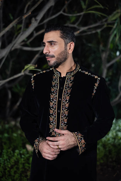 Black Velvet Kurta with Collar and Sleeve Embroidered