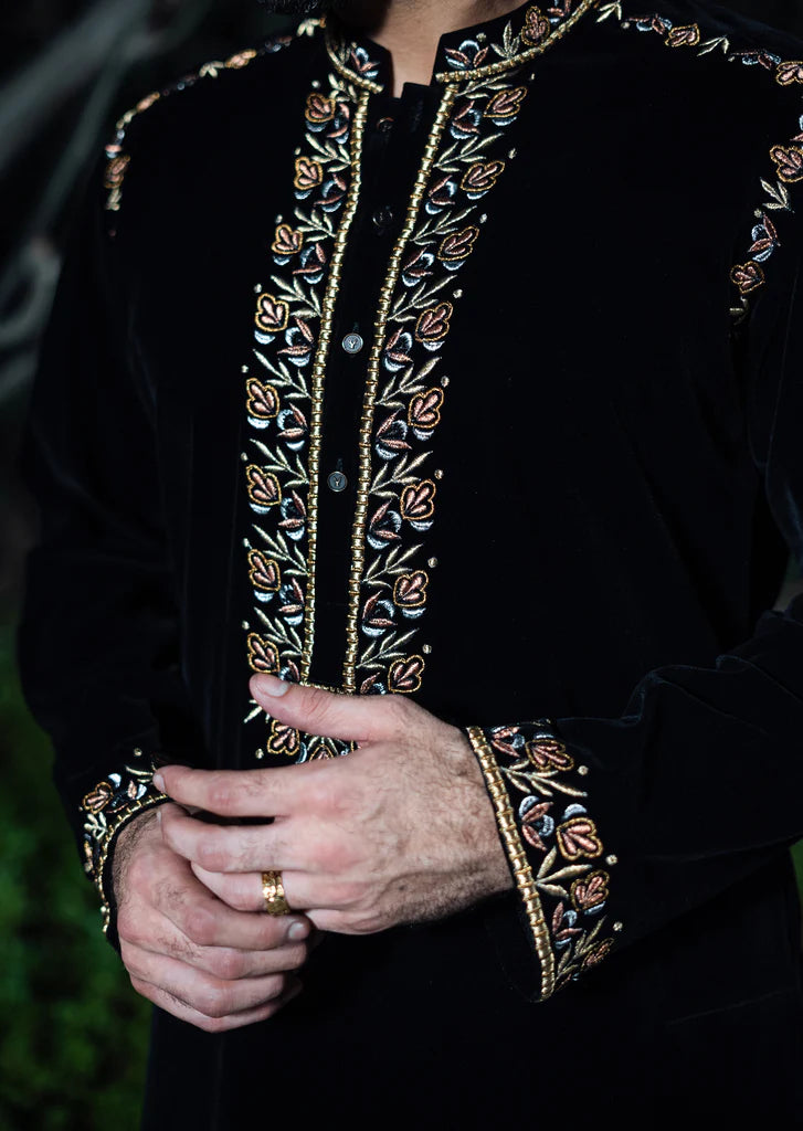 Black Velvet Kurta with Collar and Sleeve Embroidered