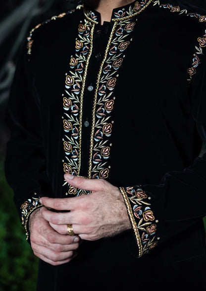 Black Velvet Kurta with Collar and Sleeve Embroidered