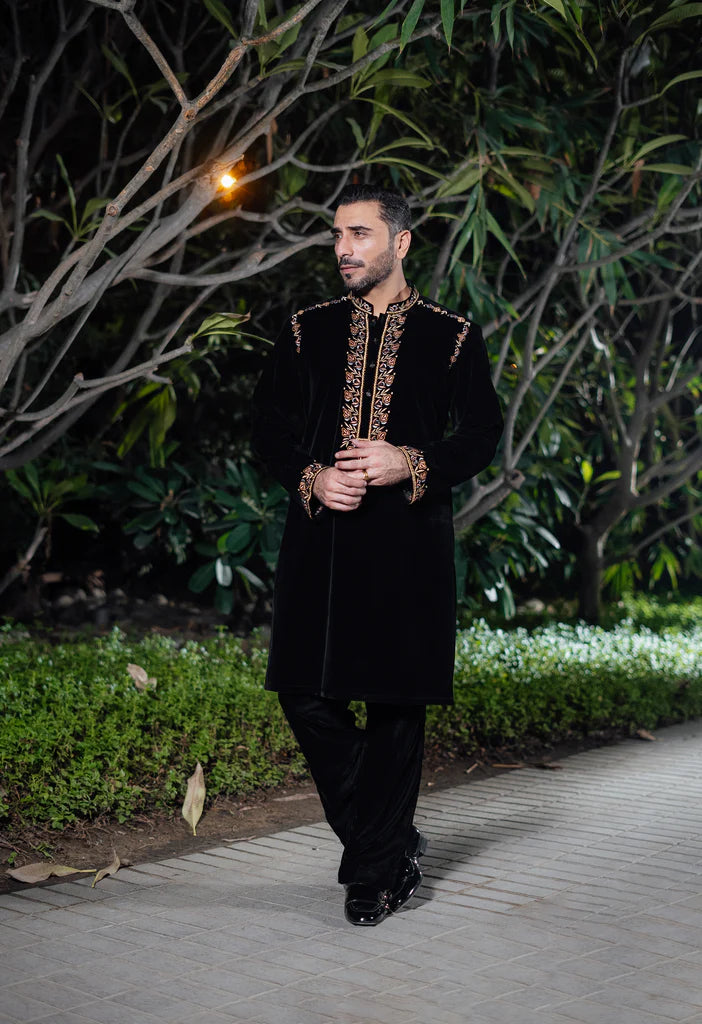 Black Velvet Kurta with Collar and Sleeve Embroidered
