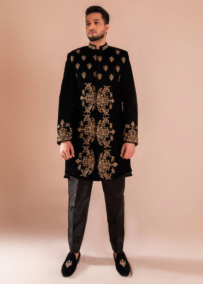 Black Velvet Sherwani with All Over Gold Embroidery | Luxurious Wedding Sherwani for Men