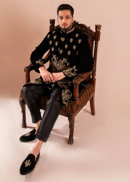 Black Velvet Sherwani with All Over Gold Embroidery | Luxurious Wedding Sherwani for Men