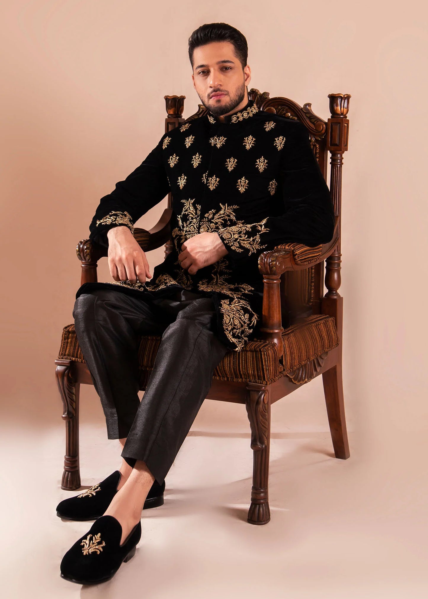 Black Velvet Sherwani with All Over Gold Embroidery | Luxurious Wedding Sherwani for Men