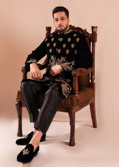 Black Velvet Sherwani with All Over Gold Embroidery | Luxurious Wedding Sherwani for Men