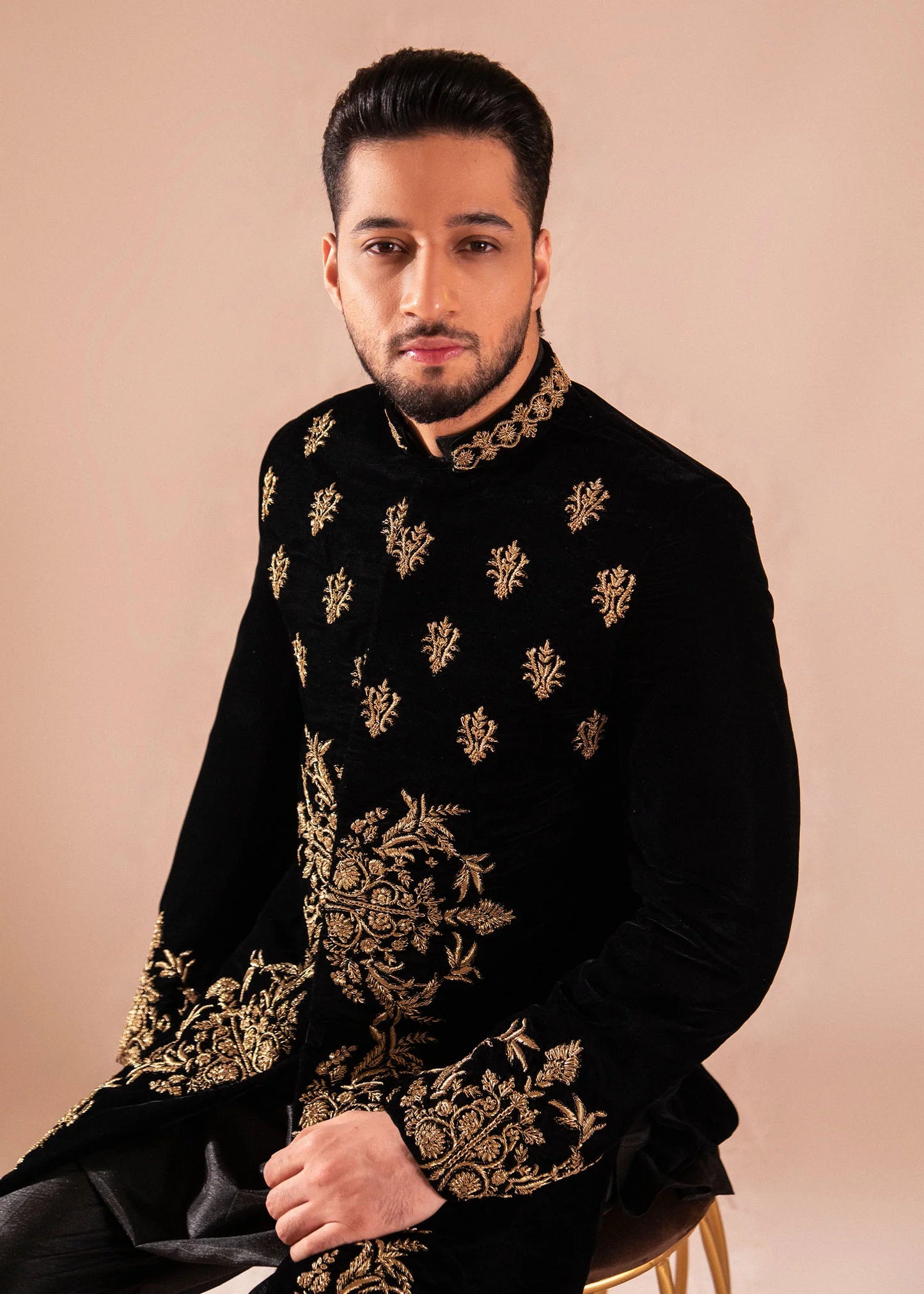 Black Velvet Sherwani with All Over Gold Embroidery | Luxurious Wedding Sherwani for Men