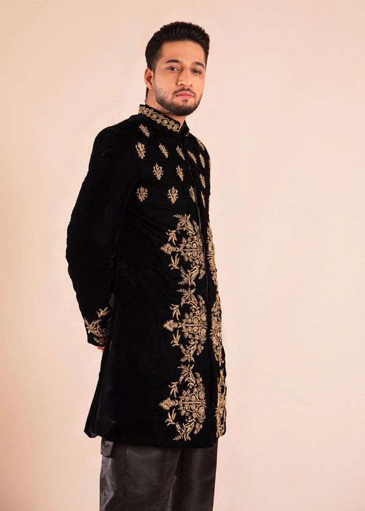 Black Velvet Sherwani with All Over Gold Embroidery | Luxurious Wedding Sherwani for Men
