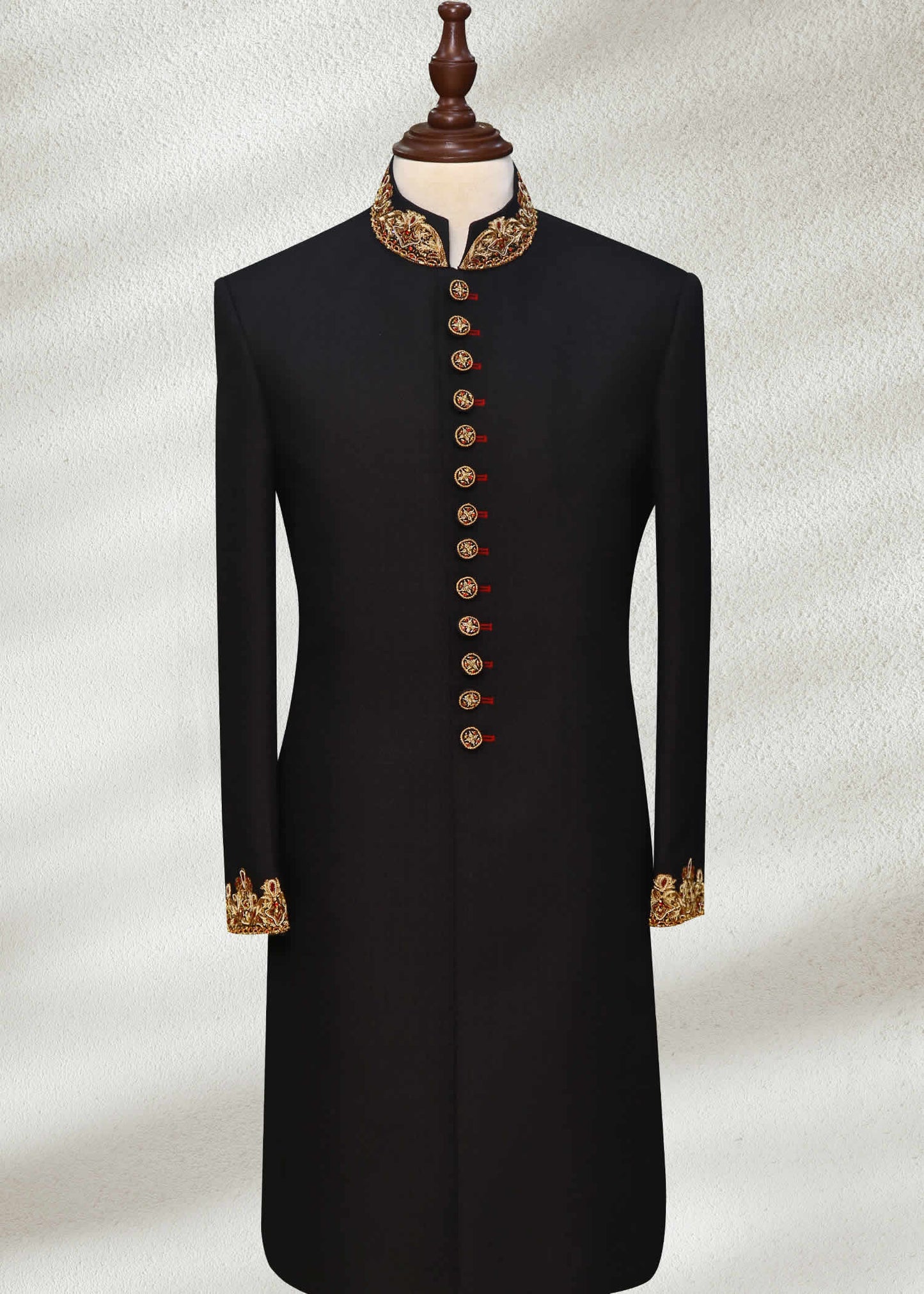 Black Wedding Sherwani with Collar and Sleeve Embroidered