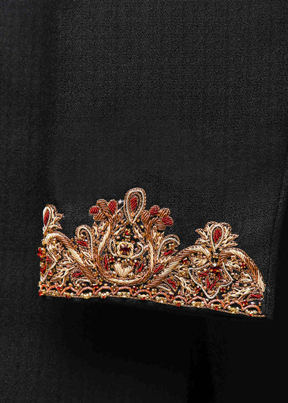 Black Wedding Sherwani with Collar and Sleeve Embroidered