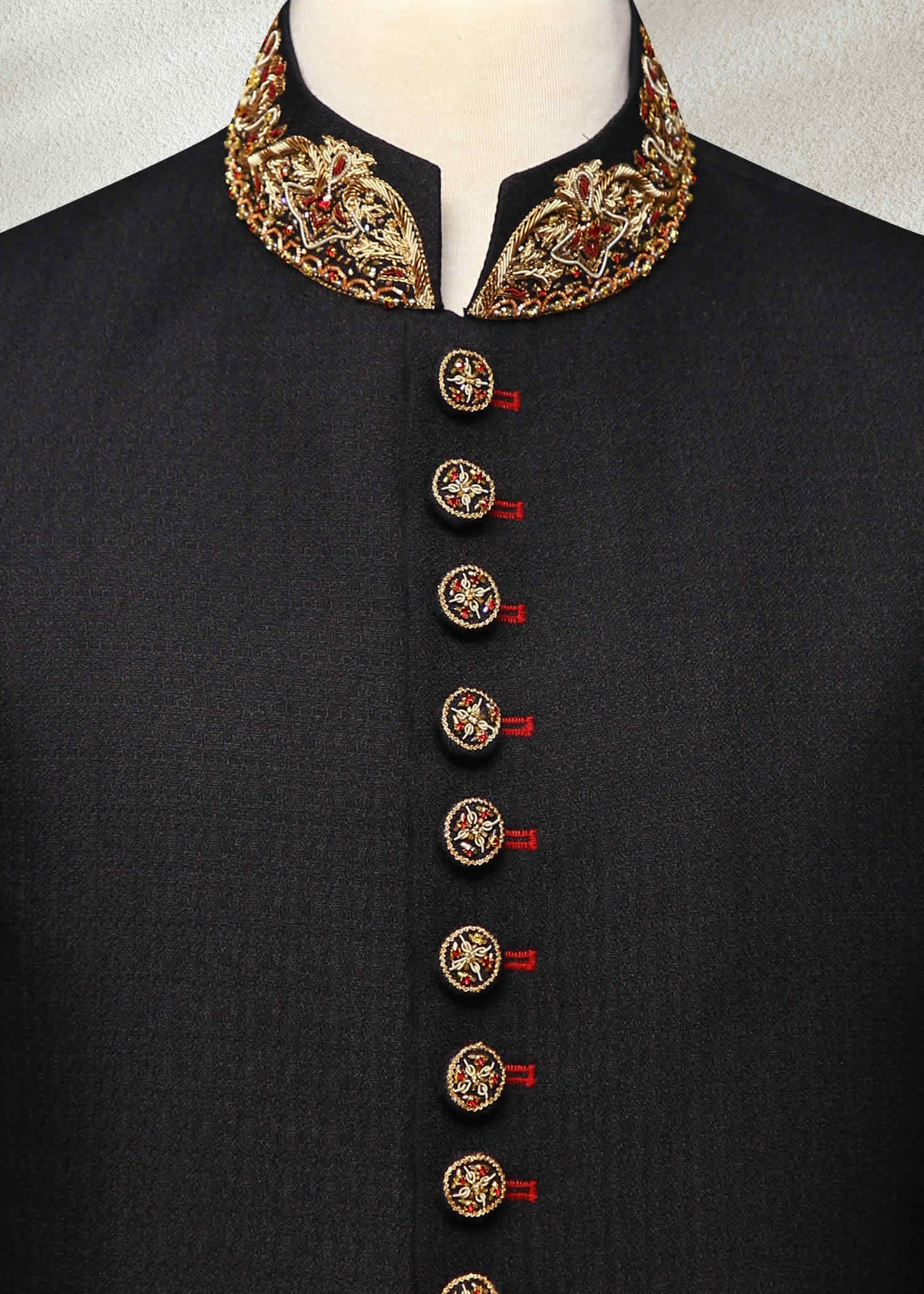Black Wedding Sherwani with Collar and Sleeve Embroidered