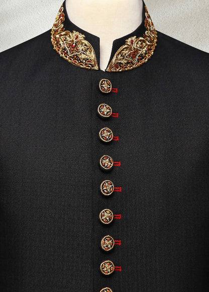 Black Wedding Sherwani with Collar and Sleeve Embroidered