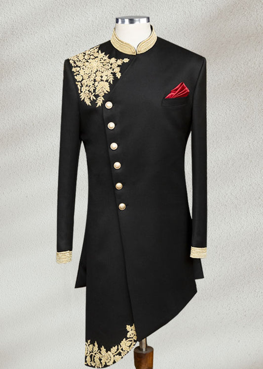 Black Angle Cut Sherwani with Floral Embroidery
