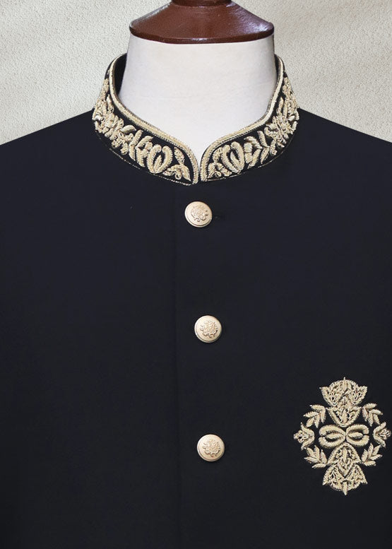 Black Sherwani with Collar and Sleeve Embroidered