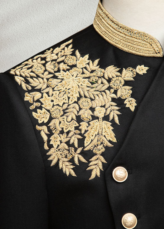 Black Angle Cut Sherwani with Floral Embroidery