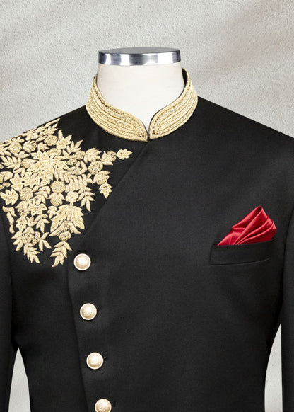 Black Angle Cut Sherwani with Floral Embroidery