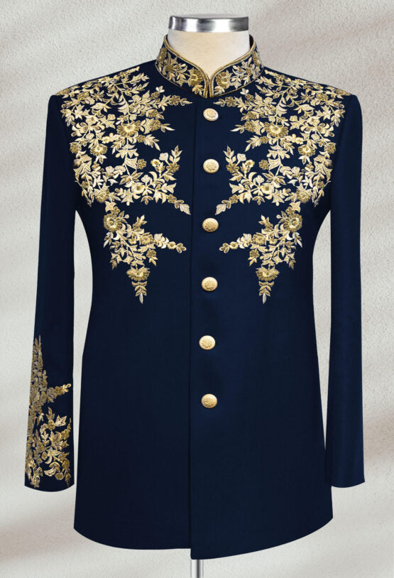 Blue Bandhgala with Floral Embroidery