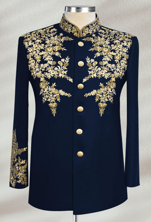 Blue Bandhgala with Floral Embroidery