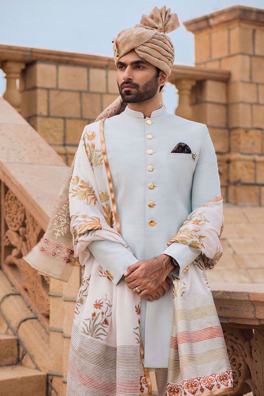 Blue Raw Silk Sherwani with Gold Buttons