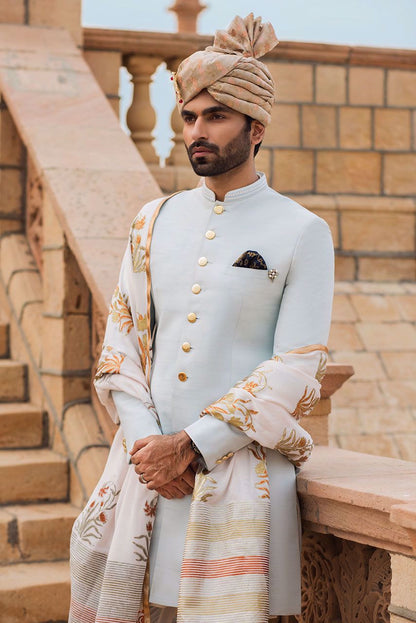 Blue Raw Silk Sherwani with Gold Buttons